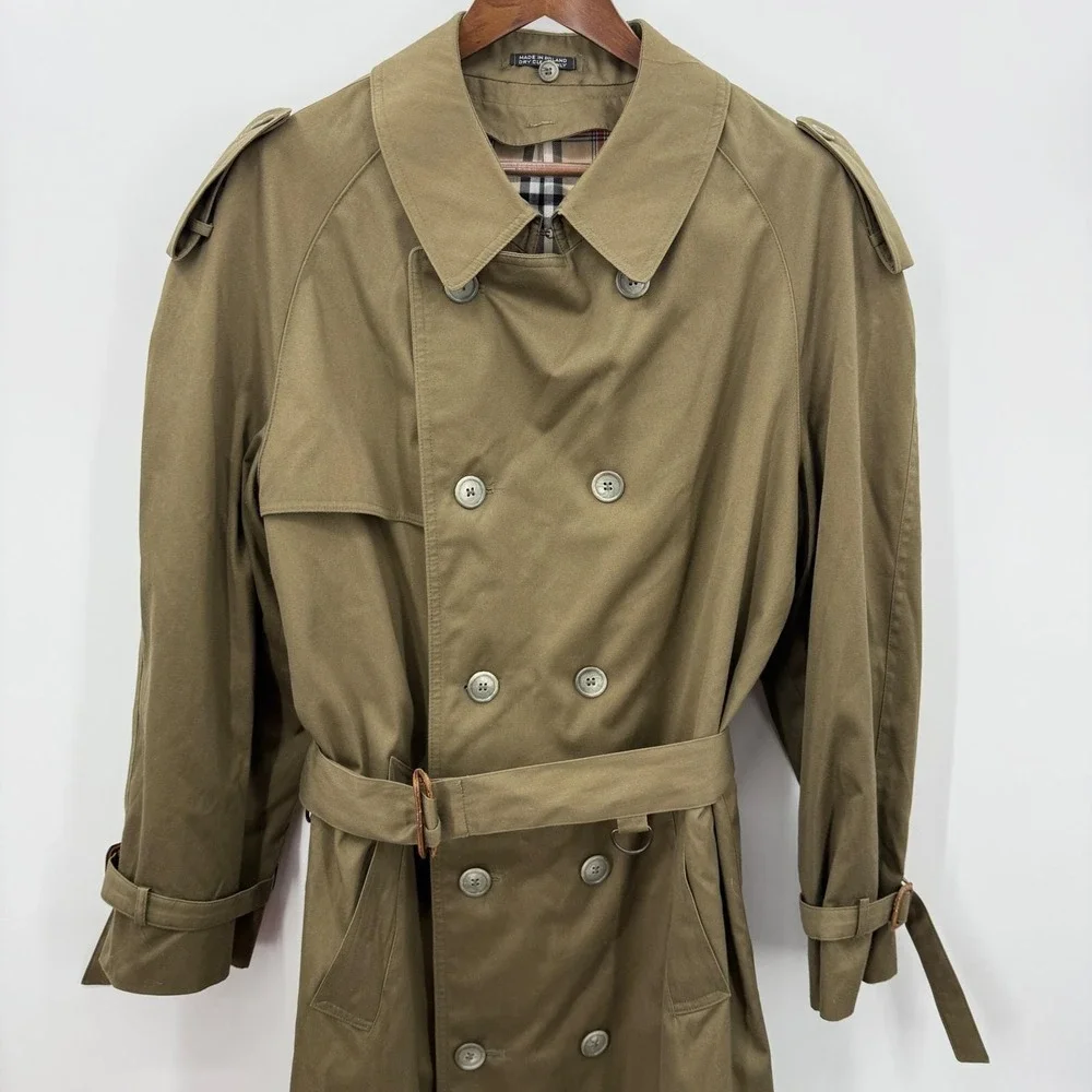 Vintage Olive Green Trench Coat Plaid Lined Sz Mens 42 L Heritage Prep Military